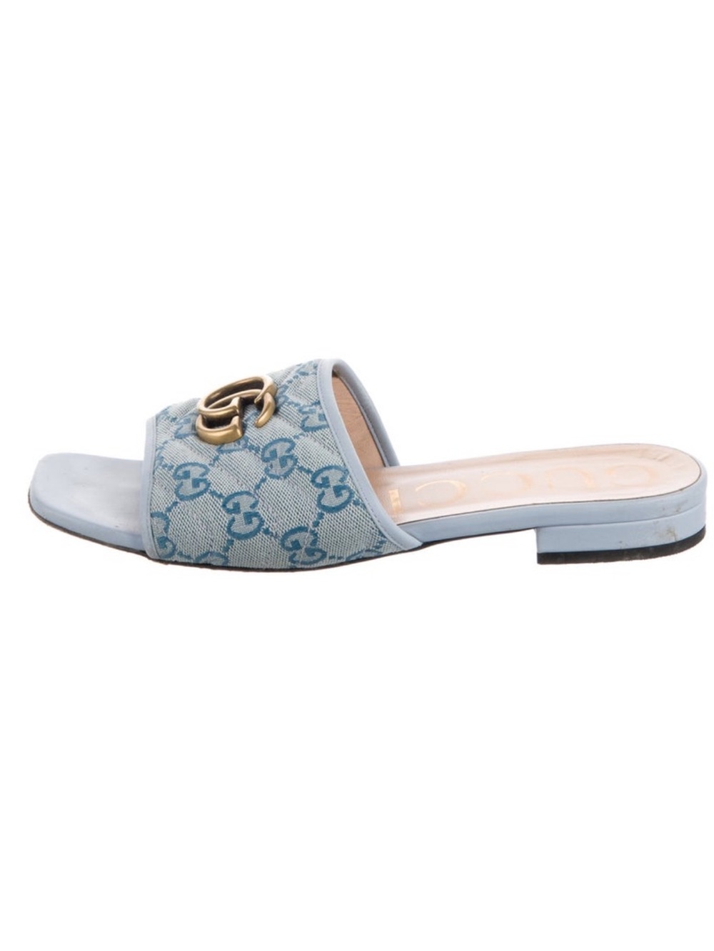 Gucci Light Blue GG Denim Slide Mules with Gold Double G - Picture 2 of 4